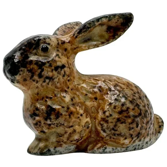 Brown Bunny Rabbit Miniature Figurine Glazed Vintage Ceramic Mottled - Picture 1 of 8